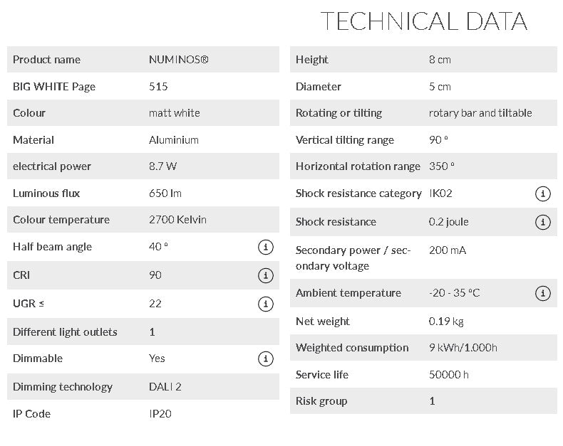 8.7W(650Lm) 48V DALI 2 NUMINOS® XS LED track luminaire, IP20, IK02, matt white, dimmable, warm white light 2700K
