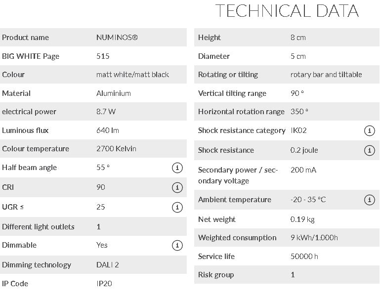 8,7W(640Lm) 48V DALI 2 NUMINOS® XS LED raidvalgusti, IP20, IK02, matt valge/must, timmitav, soe valge valgus 2700K