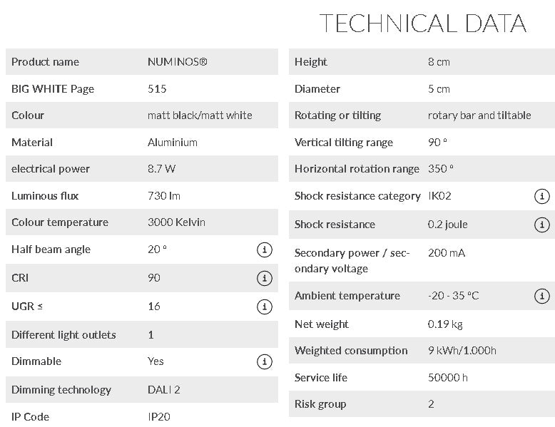 8.7W(730Lm) 48V DALI 2 NUMINOS® XS LED track luminaire, IP20, IK02, matt black/matt white, dimmable, warm white light 3000K