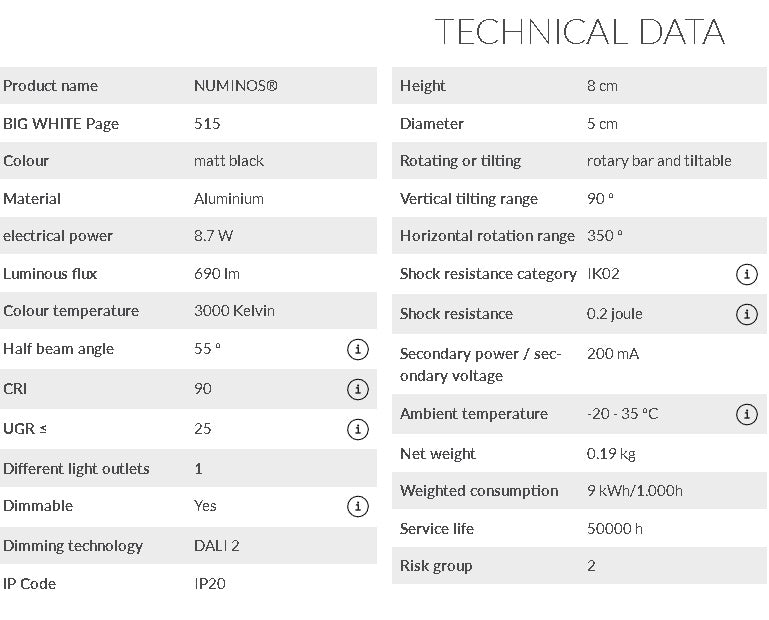 8.7W(690Lm) 48V DALI 2 NUMINOS® XS LED track luminaire, IP20, IK02, mat black, dimmable, warm white light 3000K