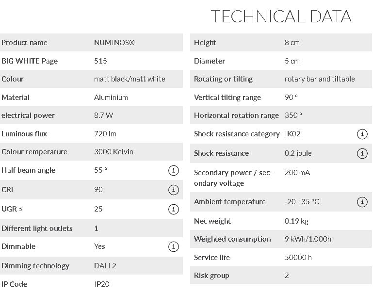 8.7W(720Lm) 48V DALI 2 NUMINOS® XS LED track luminaire, IP20, IK02, matt black/matt white, dimmable, warm white light 3000K