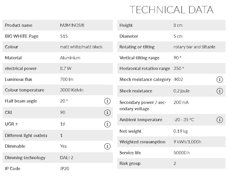 8.7W(700Lm) 48V DALI 2 NUMINOS® XS LED track luminaire, IP20, IK02, matt white/matt black, dimmable, warm white light 3000K