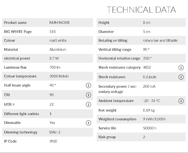 8.7W(700Lm) 48V DALI 2 NUMINOS® XS LED track luminaire, IP20, IK02, matt white, dimmable, warm white light 3000K