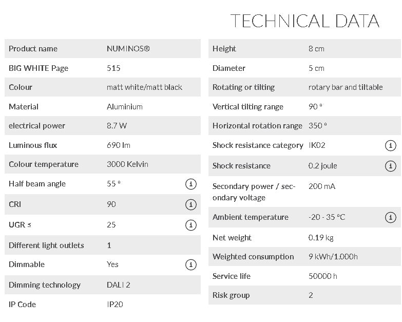 8.7W(690Lm) 48V DALI 2 NUMINOS® XS LED track luminaire, IP20, IK02, matt white/matt black, dimmable, warm white light 2700K