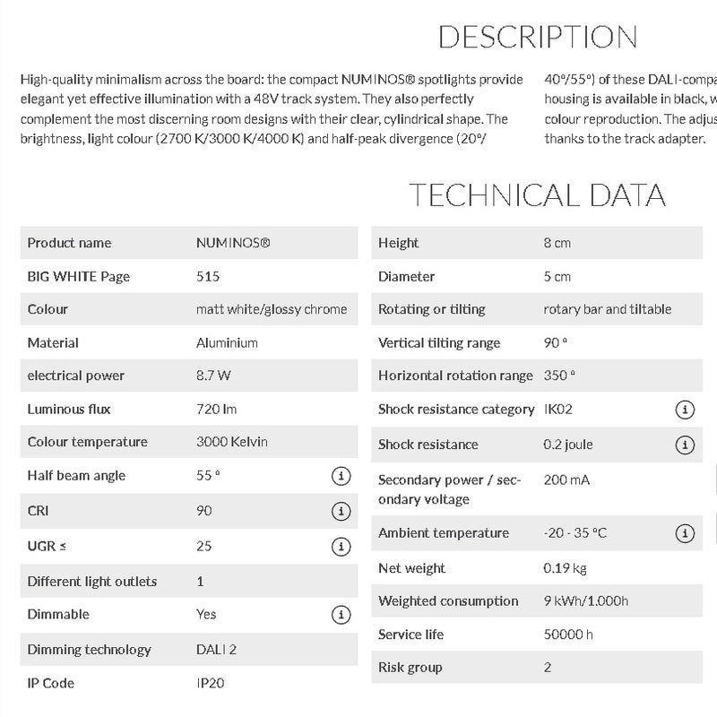 8.7W(720Lm) 48V DALI 2 NUMINOS® XS LED track luminaire, IP20, IK02, brushed white/gloss chrome, dimmable, warm white light 3000K