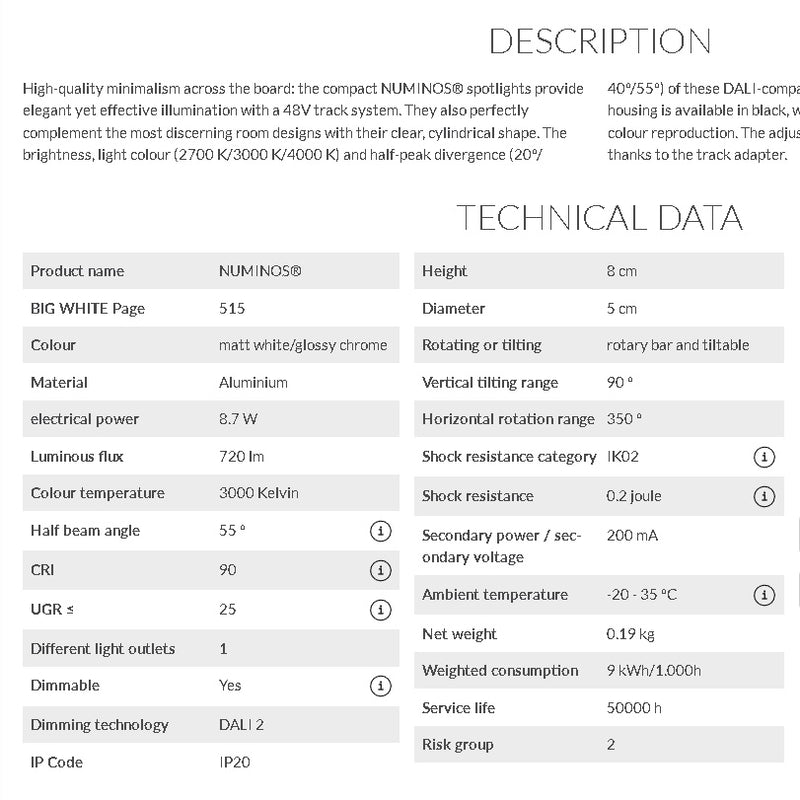® Светодиодный трековый светильник 8,7Вт(720Лм) 48В DALI 2 NUMINOS XS, IP20, IK02, матовый белый/глянцевый хром, диммируемый, теплый белый свет 3000K