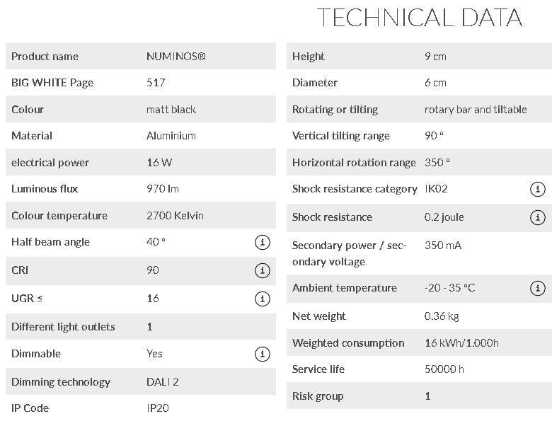 16W(970Lm) 48V DALI 2 NUMINOS® S LED track luminaire, IP20, IK02, mat black, dimmable, warm white light 2700K