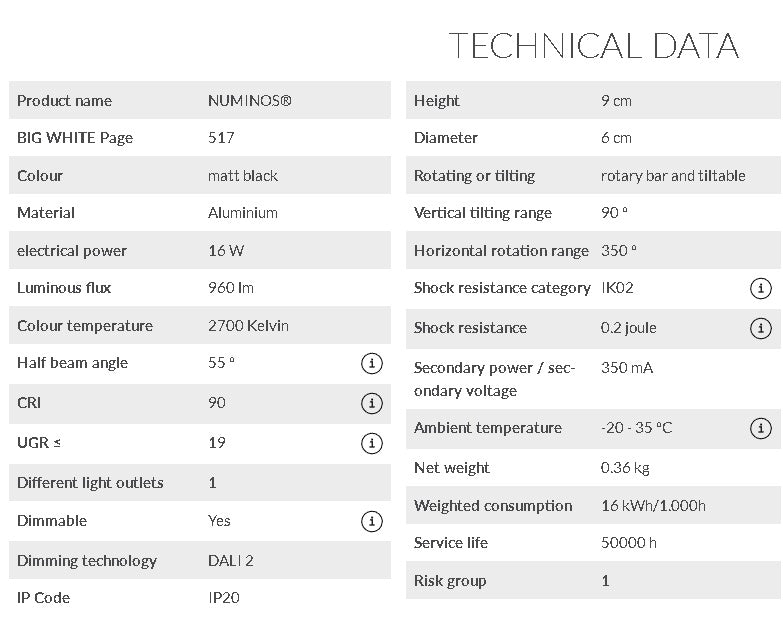 16W(960Lm) 48V DALI 2 NUMINOS® S LED track luminaire, IP20, IK02, mat black, dimmable, warm white light 2700K