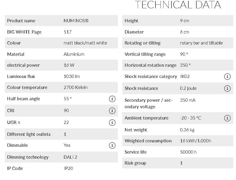 16W(1030Lm) 48V DALI 2 NUMINOS® S LED track luminaire, IP20, IK02, matt black/matt white, dimmable, warm white light 2700K