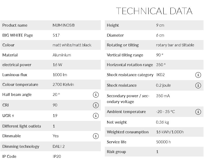16W(1000Lm) 48V DALI 2 NUMINOS® S LED sliežu gaismeklis, IP20, IK02, matēts balts/matēts melns, dimmējams, silti balta gaisma 2700K