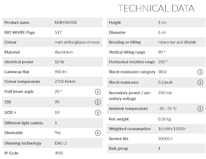 16W(960Lm) 48V DALI 2 NUMINOS® S LED track luminaire, IP20, IK02, matt white/gloss chrome, dimmable, warm white light 2700K