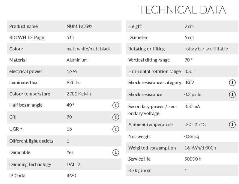 16W(970Lm) 48V DALI 2 NUMINOS® S LED track luminaire, IP20, IK02, matt white/matt black, dimmable, warm white light 2700K