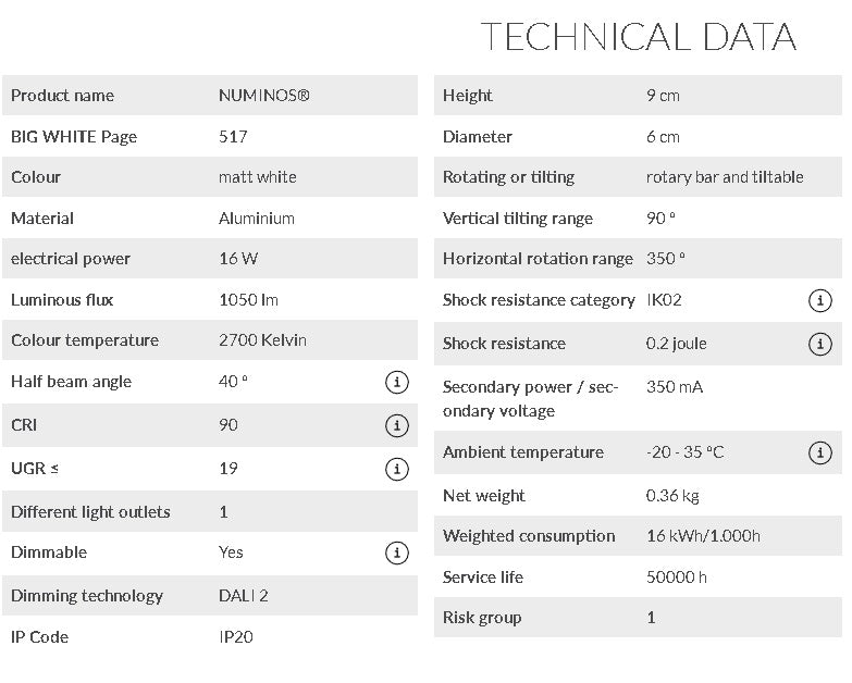 16W(1050Lm) 48V DALI 2 NUMINOS®S LED track luminaire, IP20, IK02, matt white, dimmable, warm white light 2700K
