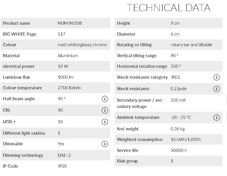 16W(1000Lm) 48V DALI 2 NUMINOS® S LED track luminaire, IP20, IK02, matt white/gloss chrome, dimmable, warm white light 2700K