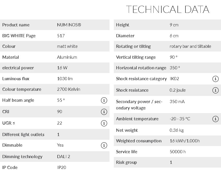 16W(1030Lm) 48V DALI 2 NUMINOS®S LED sliežu gaismeklis, IP20, IK02, matēts balts, dimmējams, silti balta gaisma 2700K