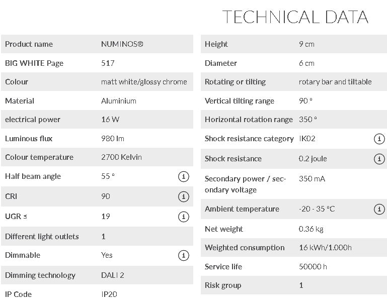 16W(980Lm) 48V DALI 2 NUMINOS® S LED sliežu gaismeklis, IP20, IK02, matēts balts/glancēts hroms, dimmējams, silti balta gaisma 2700K