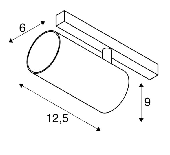 16W(1060Lm) 48V DALI NUMINOS® S LED cilindrveida sliežu gaismeklis, IP20, IK02, dimmējams, silti balta gaisma 3000K