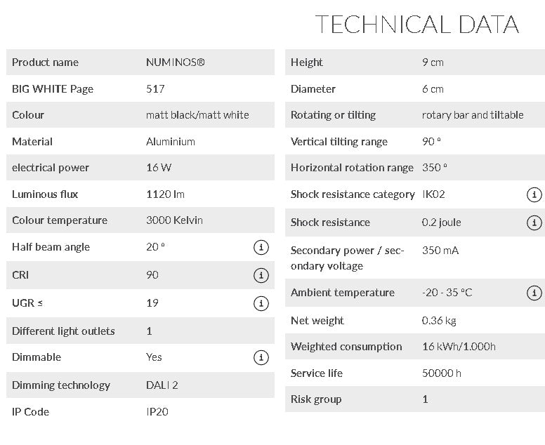 16W(1120Lm) 48V DALI 2 NUMINOS® S LED sliežu gaismeklis, IP20, IK02, matēts melns/matēts balts, dimmējams, silti balta gaisma 3000K