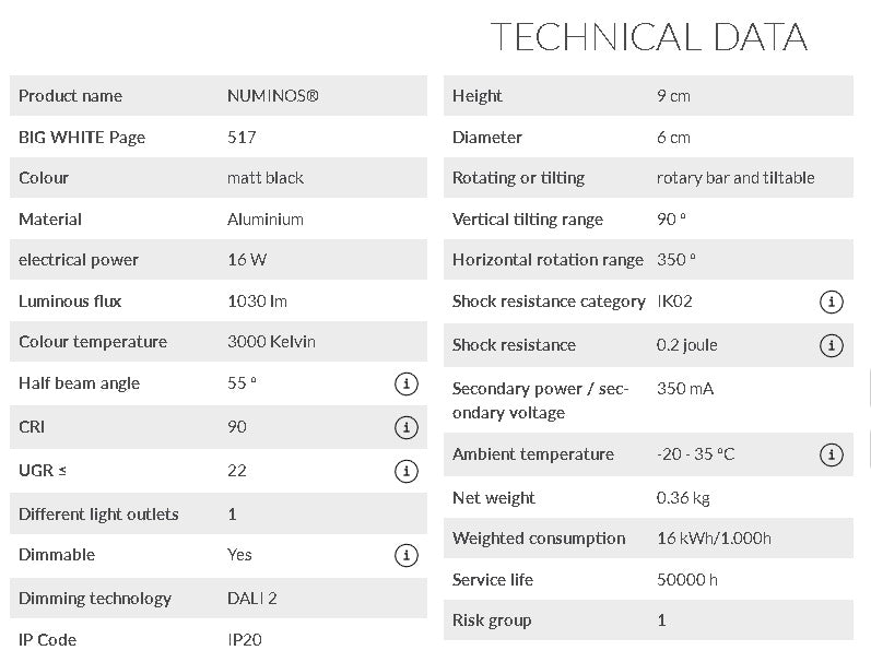 16W(1030Lm) 48V DALI 2 NUMINOS® S LED sliežu gaismeklis, IP20, IK02, matēts melns, dimmējams, silti balta gaisma 3000K
