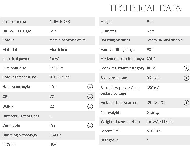16W(1120Lm) 48V DALI 2 NUMINOS® S LED sliežu gaismeklis, IP20, IK02, matēts melns/matēts balts, dimmējams, silti balta gaisma 3000K