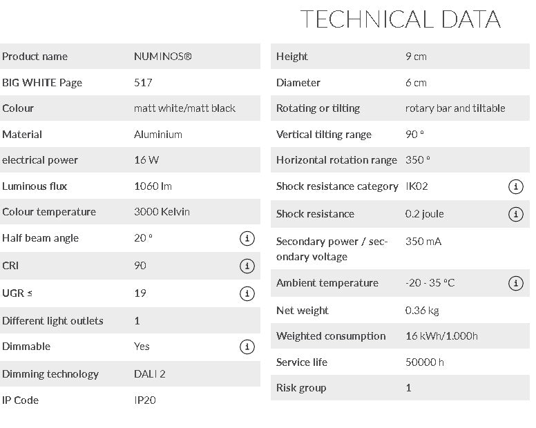 16W(1060Lm) 48V DALI 2 NUMINOS® S LED sliežu gaismeklis, IP20, IK02, matēts balts/matēts melns, dimmējams, silti balta gaisma 3000K