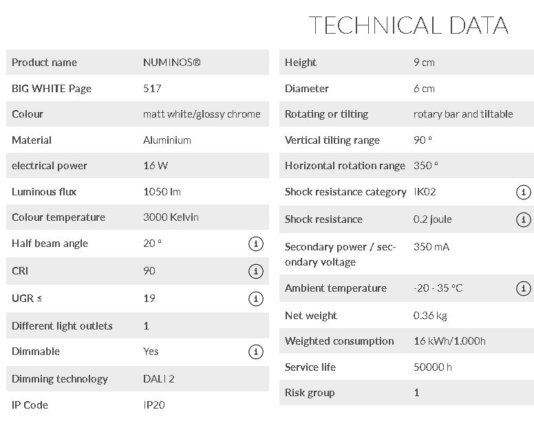 16W(1050Lm) 48V DALI 2 NUMINOS® S LED sliežu gaismeklis, IP20, IK02, matēts balts/glancēts hroms, dimmējams, silti balta gaisma 3000K