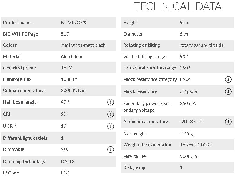 16W(1030Lm) 48V DALI 2 NUMINOS® S LED sliežu gaismeklis, IP20, IK02, matēts balts/matēts melns, dimmējams, silti balta gaisma 3000K