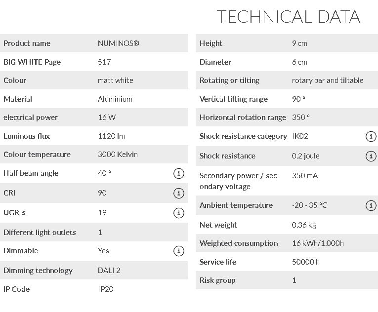 16W(1120Lm) 48V DALI 2 NUMINOS®S LED sliežu gaismeklis, IP20, IK02, matēts balts, dimmējams, silti balta gaisma 3000K