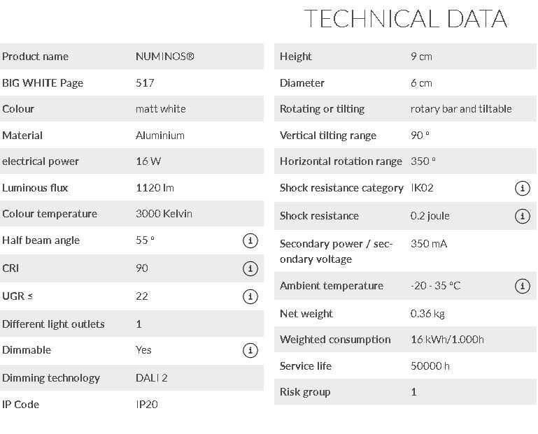 16W(1120Lm) 48V DALI 2 NUMINOS®S LED sliežu gaismeklis, IP20, IK02, matēts balts, dimmējams, silti balta gaisma 3000K