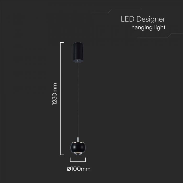 9W(1000Lm) LED dizaina gaismeklis, V-TAC, IP20, melns, silti balta gaisma 3000K