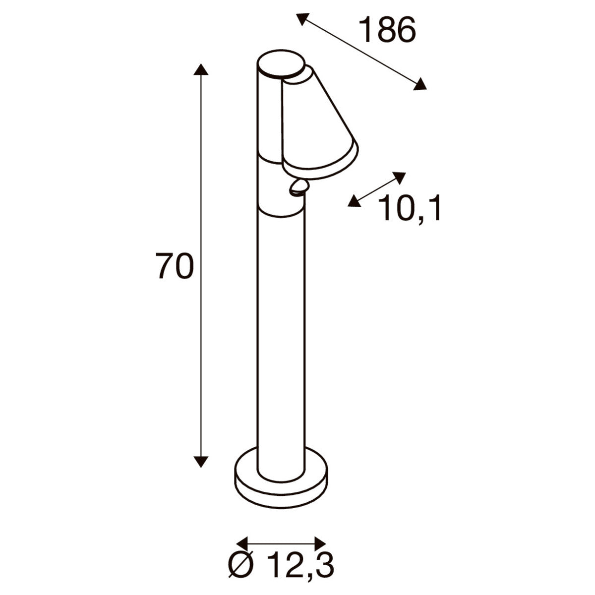 T-TUBE 70 free-standing uz virsmas montējams LED dārza gaismeklis ar infrasarkano kustības sensoru, GU10 10W,  IP44, IK06, melns