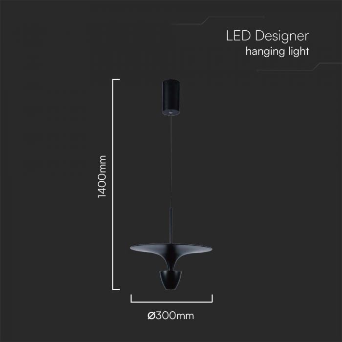 9W(1000Lm) LED-designarmatur, V-TAC, IP20, svart, varmvitt ljus 3000K