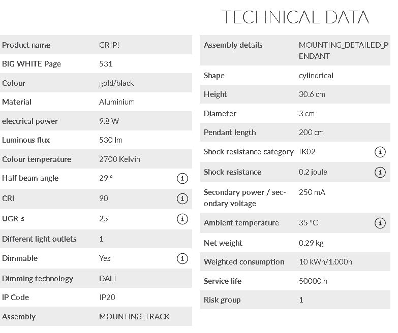 9.8W(530Lm) 48V DALI GRIP! S LED iekarams sliežu gaismeklis, IP20, zelta/melns, dimmējams, silti balta gaisma 2700K