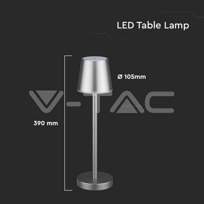 3W(70Lm) LED galda lampa, V-TAC, IP20, sudraba, DC:5V, 1A, 4000mAh, Micro USB kabelis, silti balta gaisma 3000K