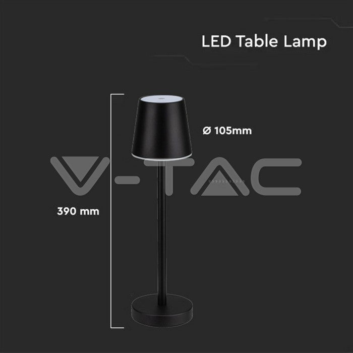3W(50Lm) LED galda lampa, V-TAC, IP20, melna, DC:5V, 1A, 4000mAh, Micro USB kabelis, silti balta gaisma 3000K