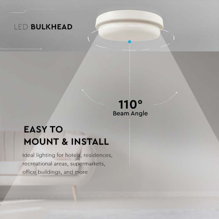 12W(1160Lmm) LED kupolveida gaismeklis, V-TAC, IP54, silti balta gaisma 3000K