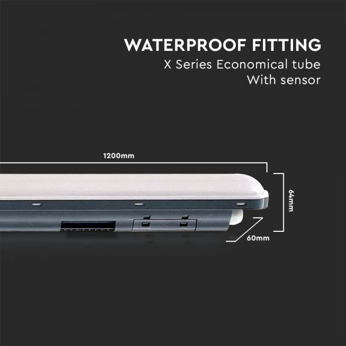 36W(4320Lm) 120 cm LED-linjär armatur med mikrovågssensor (180°), V-TAC, IP65, kallvitt ljus 6500K