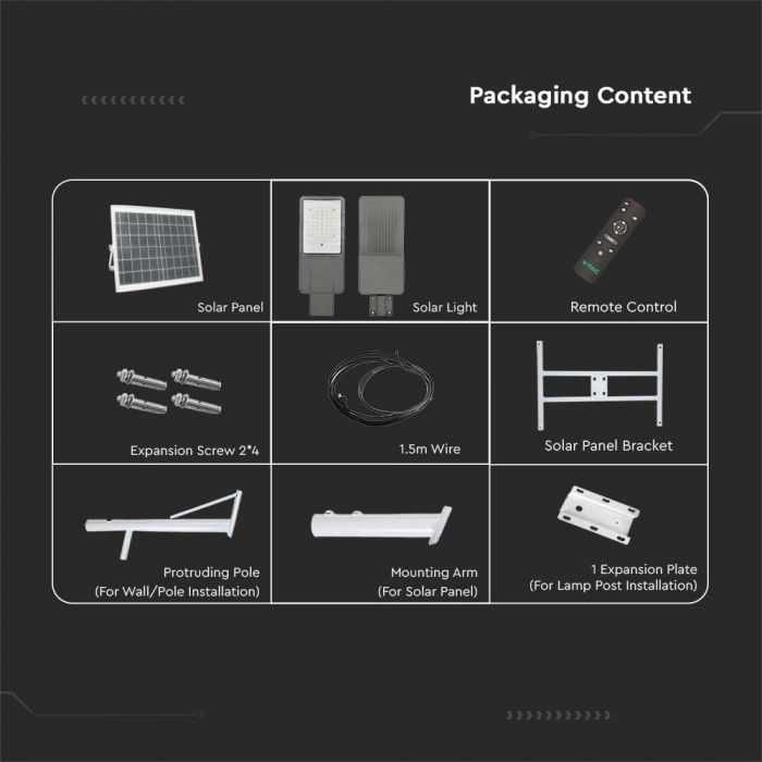 40W (2500Lm) LED BRIDGELUX päikesepaneelide tänavavalgustus koos kaugjuhtimispuldiga, IP65, V-TAC, Life PO4, 3.2V 30000mAh aku, jaheda valge valgus 6500K
