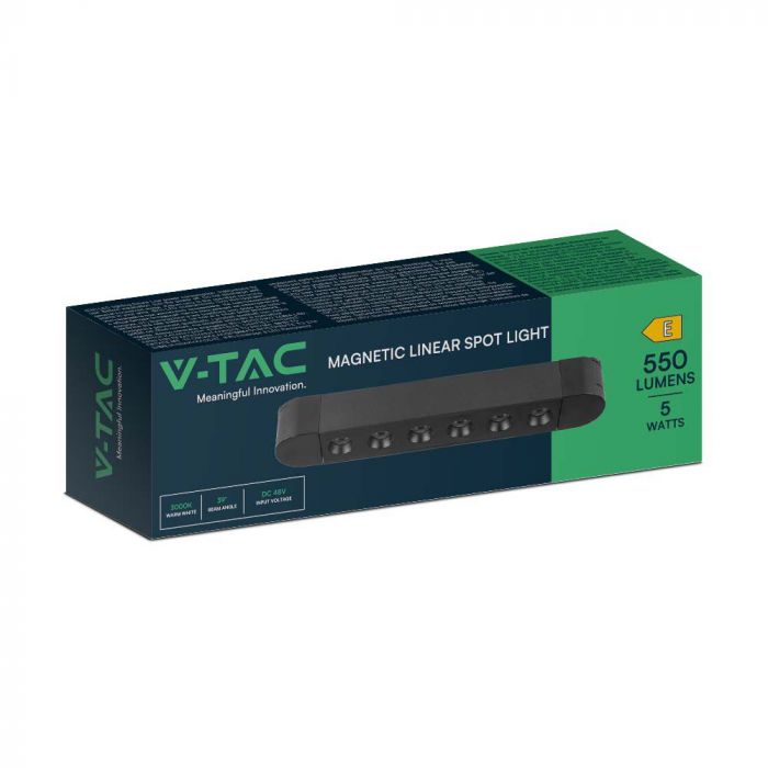 5W(550Lm) LED magnētisko sliežu gaismeklis, V-TAC,  DC:48V, IP20, melns, silti balta gaisma 3000K