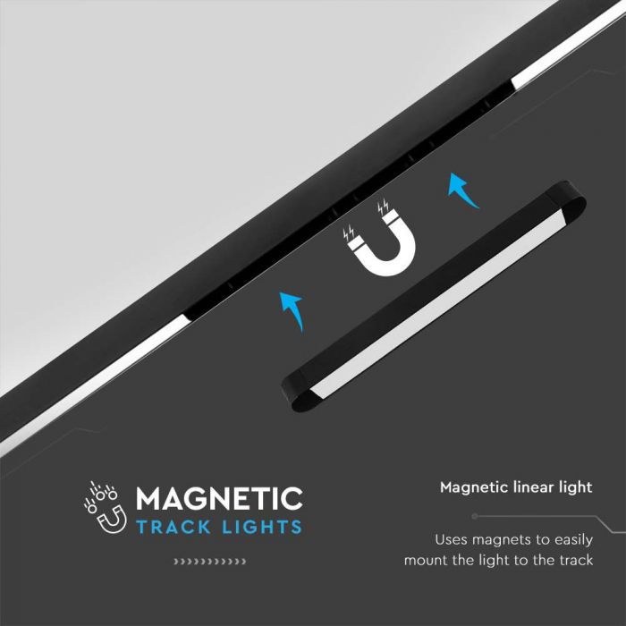 10W1500Lm) LED magnētisko sliežu gaismeklis, V-TAC,  DC:48V, IP20, melns, silti balta gaisma 3000K