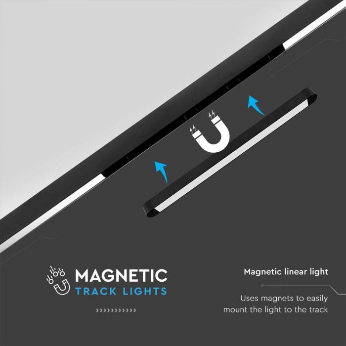 18W (2000Lm) LED magnētisko sliežu gaismeklis, V-TAC, DC:48V, IP20, melns, silti balta gaisma 3000K