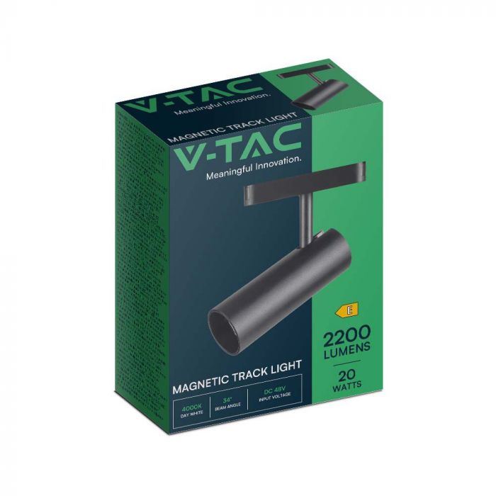 20W (2200Lm) magnetiline valgusti integreeritud LED-iga, V-TC, DC:48V, IP20, must, külmvalge valgus 6400K.