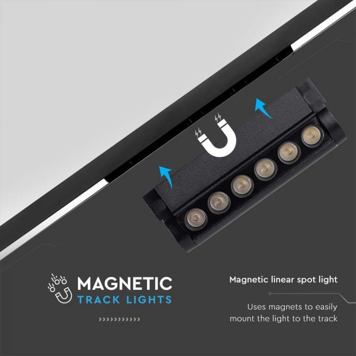 5W(600Lm)  magnētiskais sliežu gaismeklis ar iebūvētu LED, V-TC,  DC:48V, IP20, melns, silti balta gaisma 3000K