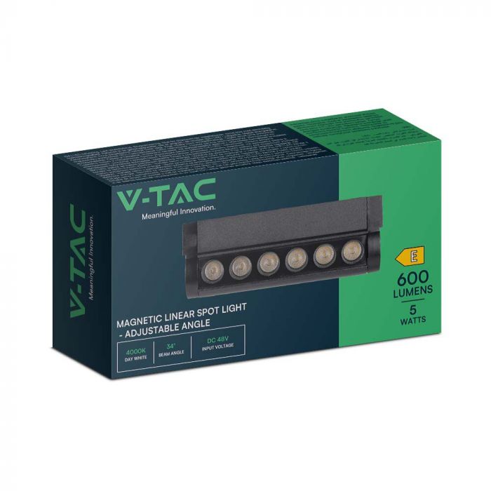 5W (600Lm) magnetiline raidvalgusti integreeritud LED-iga, V-TC, DC:48V, IP20, must, külmvalge valgus 6400K