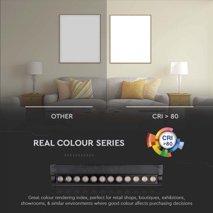 12W(1300Lm)  magnētiskais sliežu gaismeklis ar iebūvētu LED, V-TC,  DC:48V, IP20, melns, silti balta gaisma 3000K