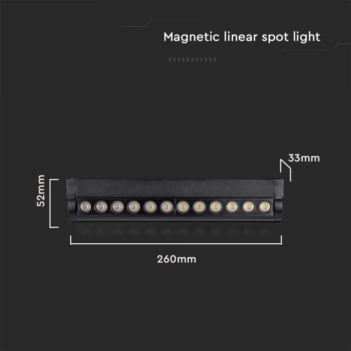 12W (1300Lm) magnetiline raidvalgusti integreeritud LED-iga, V-TC, DC:48V, IP20, must, külmvalge valgus 6400K