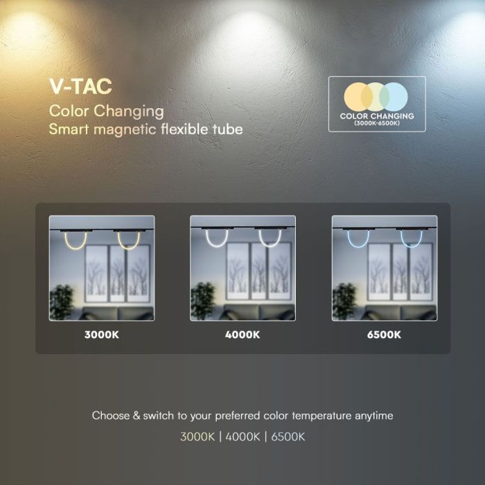 11W(1270Lm) DC:48V LED Magnetic SMART трековый светильник, V-TAC, IP20, черный, 3IN1