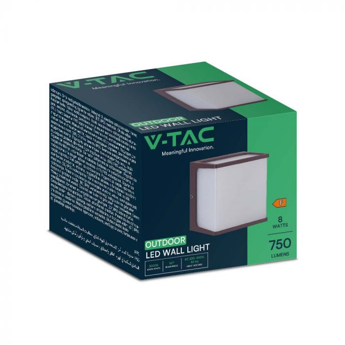 8W(800Lm) LED fasādes gaismeklis, IP65, V-TAC, kvadrāta, brūns, neitrāli balta gaisma 4000K