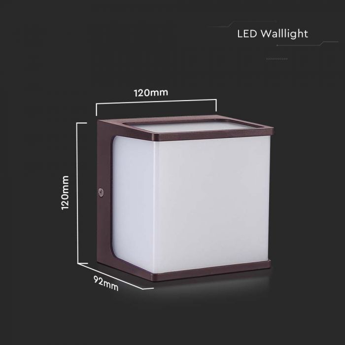 8W(750Lm) LED sienas gaismeklis, IP65, V-TAC, kvadrāta, brūns, silti balta gaisma 3000K