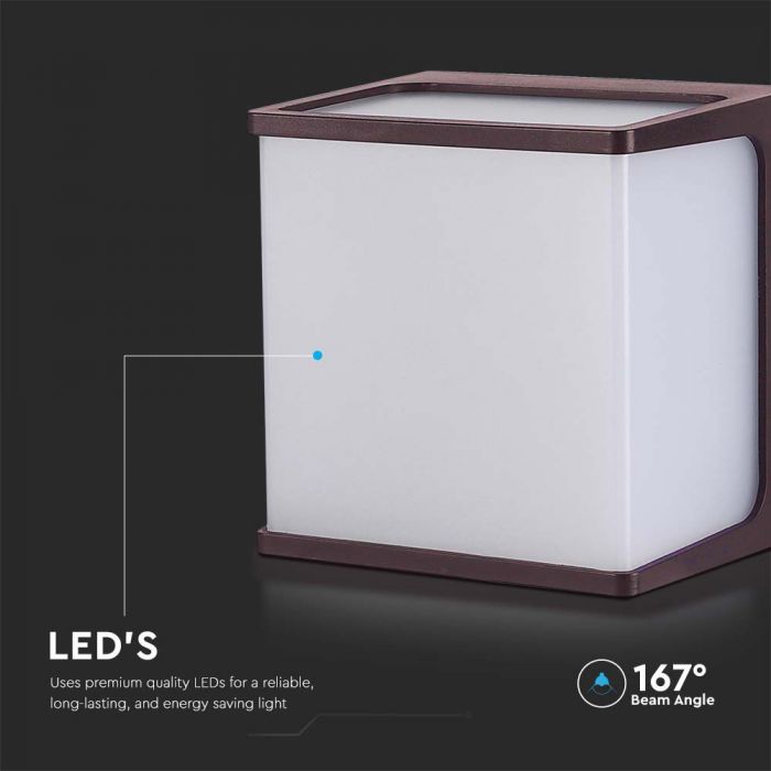 8W(800Lm) LED fasādes gaismeklis, IP65, V-TAC, kvadrāta, brūns, neitrāli balta gaisma 4000K